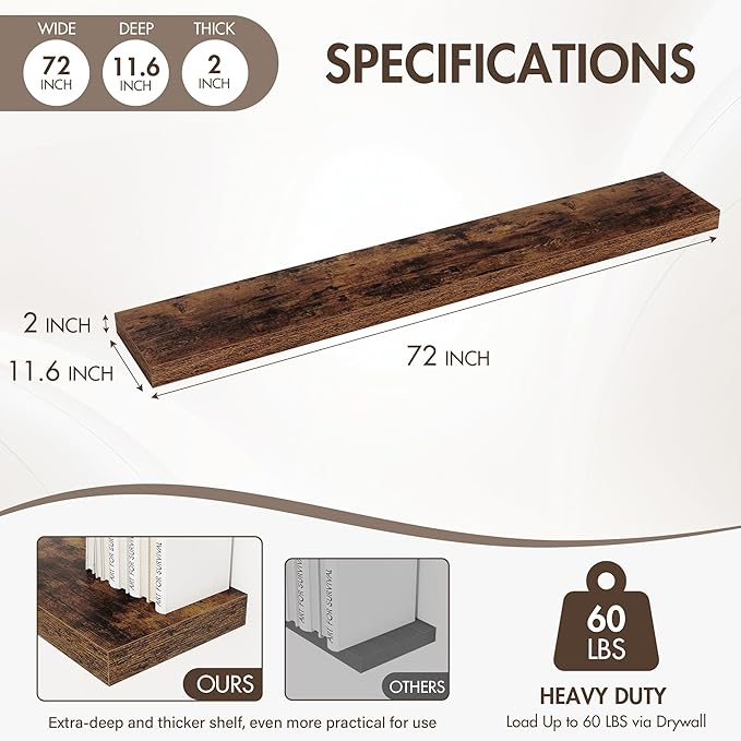 Acovy 72 Inch Floating Shelves, 12" Deep Floating Shelf Wall Mounted, 72" Wall Shelves, Rustic Deep Bookshelf, Extra Deeper & Thicker Display Shelves for Bedroom, Living Room, Brown, Set of 1