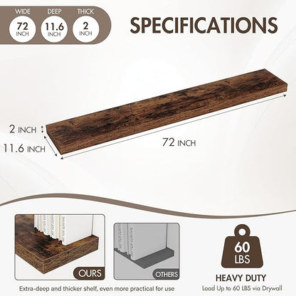 Acovy 72 Inch Floating Shelves, 12" Deep Floating Shelf Wall Mounted, 72" Wall Shelves, Rustic Deep Bookshelf, Extra Deeper & Thicker Display Shelves for Bedroom, Living Room, Brown, Set of 1