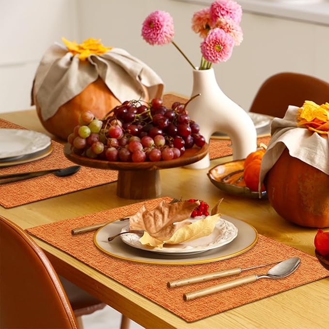 Homaxy Cloths Placemats for Dining Table Set of 4, Heat Resistant Washable Cotton Linen Blend Table Mats, Easy to Clean Place Mats for Indoor Outdoor Party Kitchen Decoration, 13" x 19", Orange
