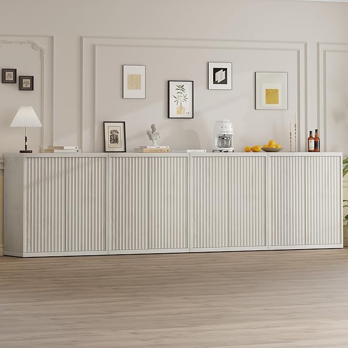 31” Sideboard Cabinet with Storage, Fluted Accent Cabinet with Adjustable Shelves, Modern Wood Credenza Cabinets with Pop-up Doors for Entryway Kitchen Living Room Hallway, White Oak 4pcs
