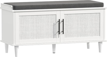 Akxomel Rattan Shoe Storage Bench with Cushion, 2-Tier Entryway Bench with Adjustable Shelves and 2 Doors, 15" D x 39.4" W x 20" H, Solid Wood Legs, for Hallway, Living Room, Bedroom, White