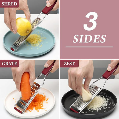 Cambom Cheese Grater Citrus Zester Lemon Zester Pack of 3-304 Stainless Steel - A Sharp Tool for Parmesan Cheese, Ginger, Garlic, Nutmeg, Chocolate, Vegetables，Fruits，Dishwasher Safe Red