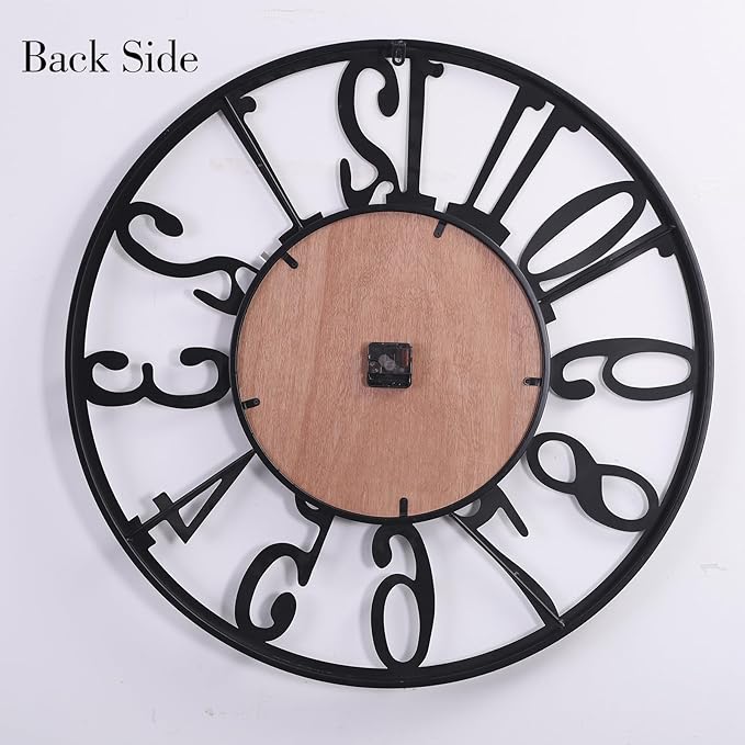 Industrial Modern Vintage Wood Wall Clock with Iron Frame & Artful Cutout Numerals, Non Ticking Battery Operated, Decorative for Farmhouse Living Room Office Kitchen Home Décor, 16 Inch