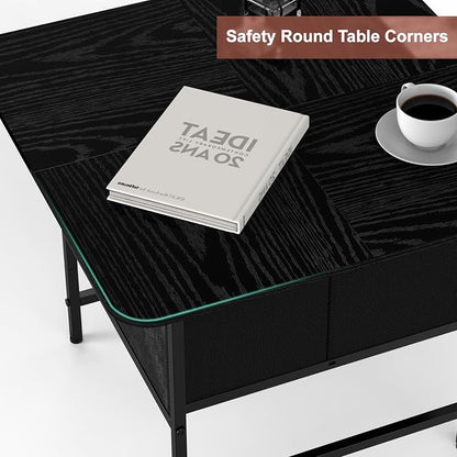 Shinoske Square Coffee Table with Storage Drawer,Small Black Coffee Tables for Living Room,2-Tier Farmhouse Center Table with Round Corners for Small Space,Apartment,Office