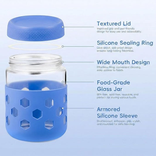 Overnight Oats Container 16 oz - 6 Pack with Silicone Sleeves for Glass Soup Containers with Lids - BPA Free, Leak Proof, Dishwasher Safe - Wide Mouth Jars for Yogurt, Meal Prep, Drinking & Storage