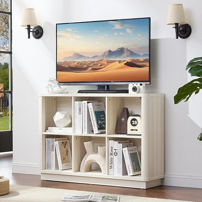 6 Cube Bookcase, 40" Wide Low Horizontal Book Shelf Curved Edge, Wood Floor Standing 2-Tier Bookshelf with Base, Modern Short Storage Cabinet Book Case for Bedroom,Office, Grey-White Cream Oak