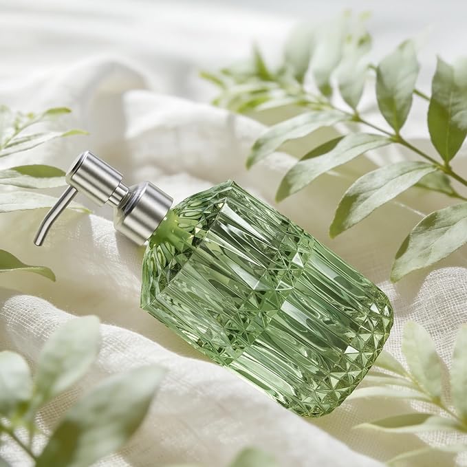 AmazerBath Soap Dispenser, Green Glass Soap Dispenser with Pump Stainless Steel, 14.2OZ Refillable Hand Bottles Bathroom Kitchen, 1 Pack