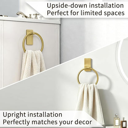 STWWO Gold Towel Ring for Bathroom, Adhesive Hand Towel Holder for Bathroom, Kitchen, No Drill