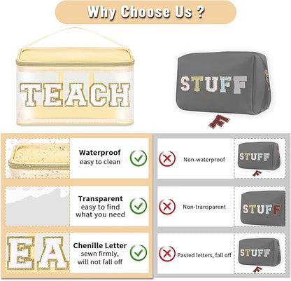 Teacher Appreciation Gifts Chenille Letter Clear Makeup Bag TEACH Pouch, Preppy Patch Makeup Bag Zipper with Handle Nylon Travel Cosmetic Bag Graduation Retirement Teacher Gifts for Women(TEACH-Beige)