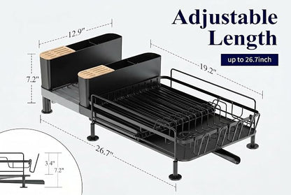 Large Extendable Dish Drying Rack with Bamboo Knife Holder, Rustproof Dish Drainer for Kitchen Counter, Adjustable 19"-27", Black