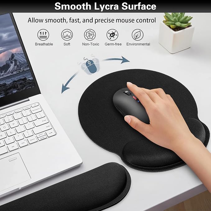 Mouse Pad Black, Ergonomic Keyboard Wrist Rest, Mouse Pad with Wrist Rest Black, Gaming Mousepad with Wrist Support, Memory Foam Wrist Rest Set for Computer Keyboard, Office Desk Accessories