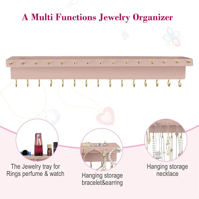 YYILIS Necklace Holder, Upgraded Extra Large Wall Necklace Organizer with 30 Hooks Wall Mounted Necklace Hanger with Jewelry Tray/Cosmetics Shelf Rustic Pine Wood Holder (Pink)