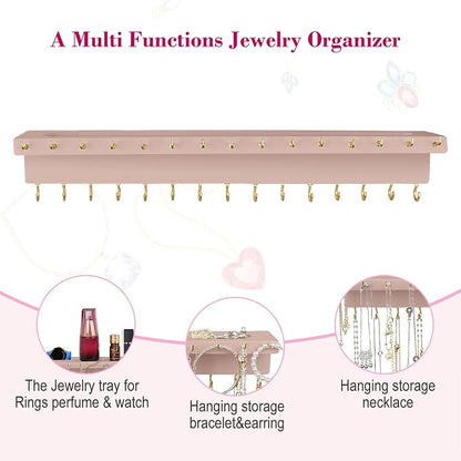 YYILIS Necklace Holder, Upgraded Extra Large Wall Necklace Organizer with 30 Hooks Wall Mounted Necklace Hanger with Jewelry Tray/Cosmetics Shelf Rustic Pine Wood Holder (Pink)