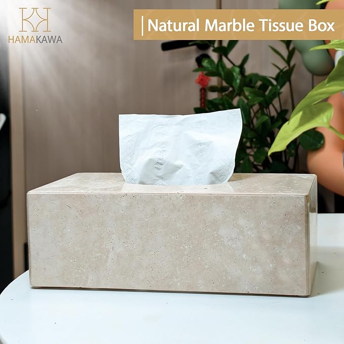 HAMAKAWA Natural Marble Tissue Box Cover, Beige Tissue Organizer L 10 x W 5.5 x H 3.5 Inch, Heavy Stone Decorative Box, Square Tissue Box Holder for Home Decor, Kitchen, Bathroom