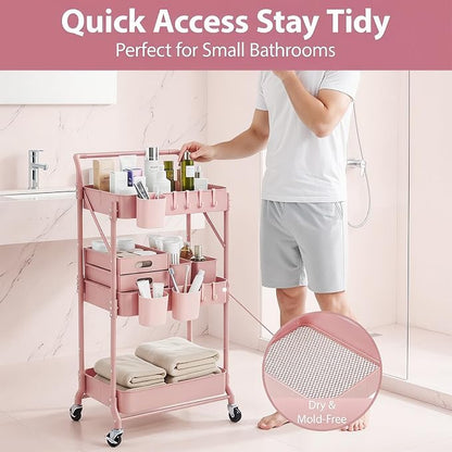 Amatic 3-Tier Folding Rolling Utility Cart with Wheels, Foldable Storage Cart Organizer with 3 Hanging Cups & 6 Hooks for Kitchen, Office, Living Room, Nursery(Pink)