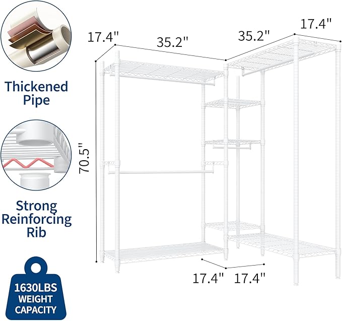 1630 LBS Heavy Duty Clothes Rack with Adjustable Shelves, 5 Tiers L-Shaped Freestanding Closet Organizer and Storage for Hanging Clothes, 85.4" W x 17.4" D x 70.5" H