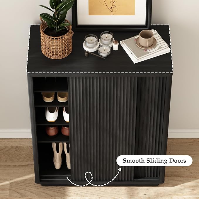 Fluted Shoe Cabinet with Sliding Door Set of 2, 6-Tier Large Hidden Storage Organizer Modern Shoe Rack with Adjustable Shelves, Mid Century Freestanding Wooden Shoe Storage Cabinet for Entryway,Black