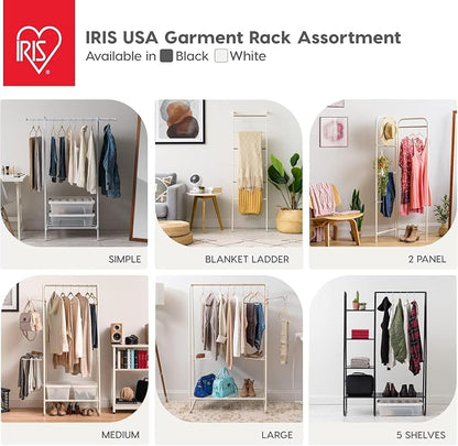 IRIS USA Clothes Rack for Hanging Clothes with Shelf, Freestanding Clothing Rack, Easy to Assemble Garment Rack, Metal, Sturdy Design, Multipurpose, Small Space Storage Solution, White