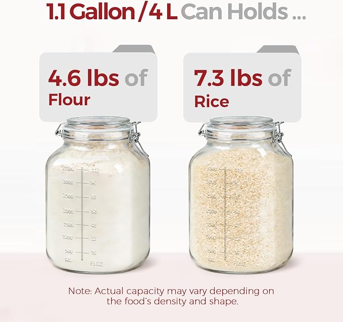 1.1 Gallon Wide Mouth Glass Canisters with Airtight Lids & Measurement Marks (2-Pack) – Includes 2 Measuring Scoops & Labels, Food Storage Jars for Flour, Sugar & Baking Supplies | BPA-Free