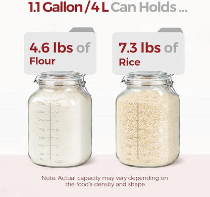1.1 Gallon Wide Mouth Glass Canisters with Airtight Lids & Measurement Marks (2-Pack) – Includes 2 Measuring Scoops & Labels, Food Storage Jars for Flour, Sugar & Baking Supplies | BPA-Free