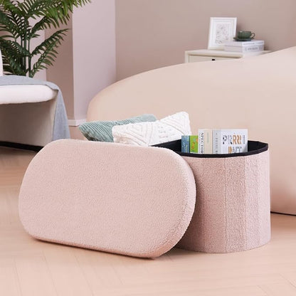 B FSOBEIIALEO Ottoman with Storage for Living Room, Sherpa Folding Storage Ottoman Foot Rest, 30 Inches Collapsible Bedroom Bench Pink