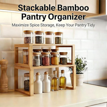 JinDoWin Bamboo Kitchen Cabinet Organizer Shelf | Stackable & Expandable Shelf Organizer | Pantry organizers and storage | Spice Rack Organizer for Cabinet, Holds Dishes & Tableware (2, W11.8″)