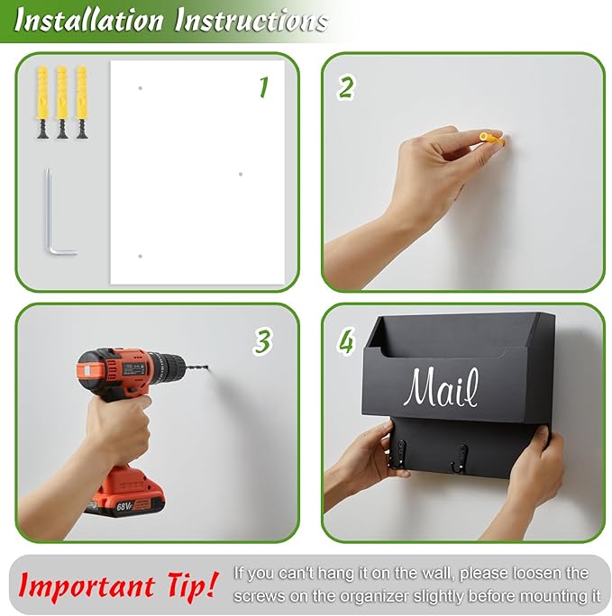 DRASTAR Mail Organizer Wall Mounted, Wooden Mail Sorter & Key Holder for Wall, Hanging Mail Organizer, Black Mail Basket for Home Office