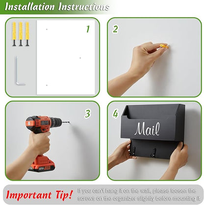 DRASTAR Mail Organizer Wall Mounted, Wooden Mail Sorter & Key Holder for Wall, Hanging Mail Organizer, Black Mail Basket for Home Office
