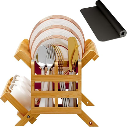 Greenual Bamboo Dish Drying Rack with Utensil Holder, 2 Tier Collapsible Dish Rack, Wooden Dish Racks for Kitchen Counter, Folding Drying Holder with Absorbent Dish Drying Mat