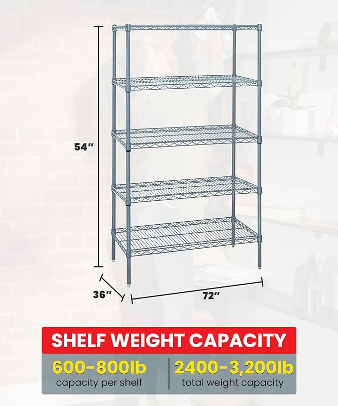 Quantum Storage Systems WR54-3672GY-5 Wire Shelving 5 Shelf Starter Units, 36" x 72" x 54", Gray Epoxy