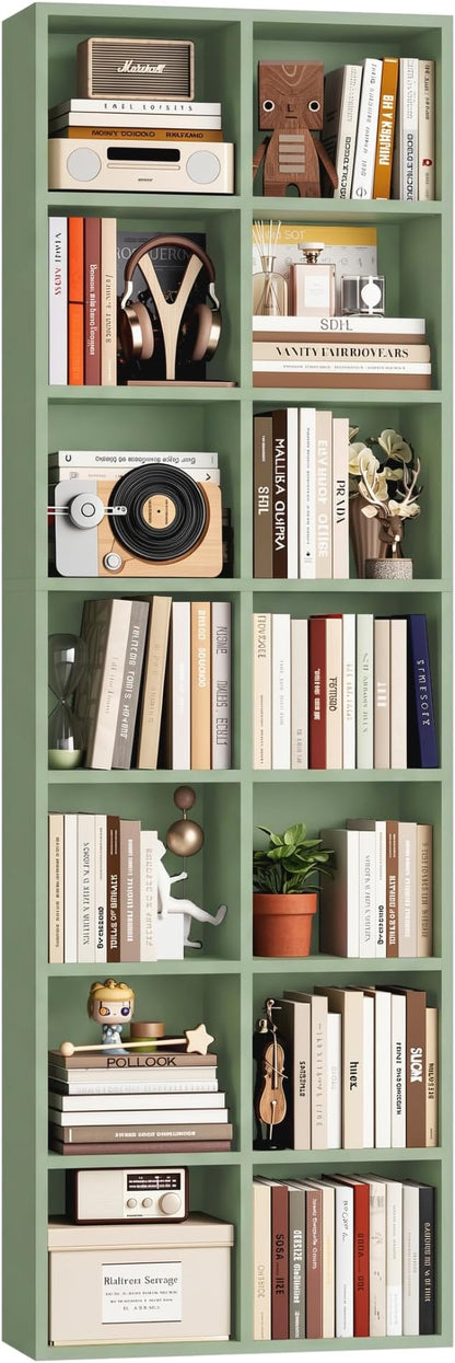 FOTOSOK 71'' Tall Bookshelf with 14 Cubes, 7 Tier Double Wide Bookshelf with 6 Adjustable Shelves, 19.6" Narrow Bookcase DVD/CD Media Storage Shelf, Space Saving Display Shelf Cabinet, Green
