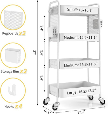 TOOLF 4 Tier Rolling Cart with Pegboard, Metal Storage Organizer Cart with Wheels, Hooks & Bins Esthetician Craft Art Sturdy Storage for Bathroom, Kitchen, Office, Nursery Diaper