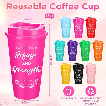 Skylety 20 Pack Christian Gifts for Men Women 16oz Reusable Bible Verse Tumbler Bulk Plastic Coffee Cups with Lids Inspirational Religious Church Gifts for Valentine Easter Birthday (Rainbow Color)