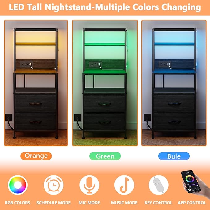 Furnulem Night Stand, Tall Nightstand with 4-Tier Shelves, 2 Fabric Drawers and Led Lights, Bed Side Tables with Charging Station, Bedside Table for Bedroom, Office, Black Oak | 4-Tier Shelves