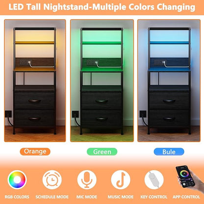 Furnulem Night Stand, Tall Nightstand with 4-Tier Shelves, 2 Fabric Drawers and Led Lights, Bed Side Tables with Charging Station, Bedside Table for Bedroom, Office, Black Oak | 4-Tier Shelves