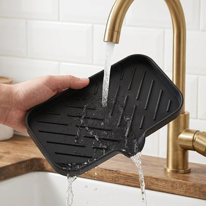 MicoYang Silicone Soap Dish with Drain Spout — Self-Draining Sink Organizer Tray for Bathroom & Kitchen, Sponges, Dispensers & Soap Holder, Non-Slip & Dishwasher Safe, Black (Medium, 9.6"×5.3")