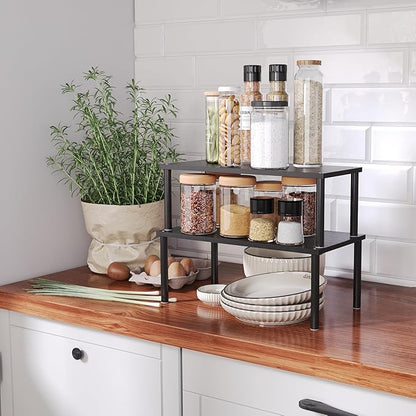 VERTORGAN Cabinet Organizer Shelf(Set of 2),Kitchen Counter Shelves,Bamboo Spice Rack Countertop and Cabinet,Stackable Expandable,Large(Black)