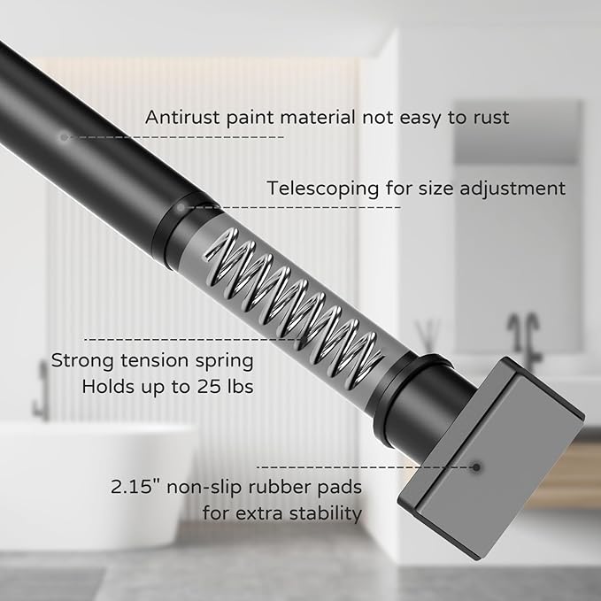 UIOSANRT Tension Shower Curtain Rod 31-92 Inches Non-Slip Shower Rod Tension Mounted No Drill Black Shower Curtain Rods Spring Tension Rod for Windows Bathroom