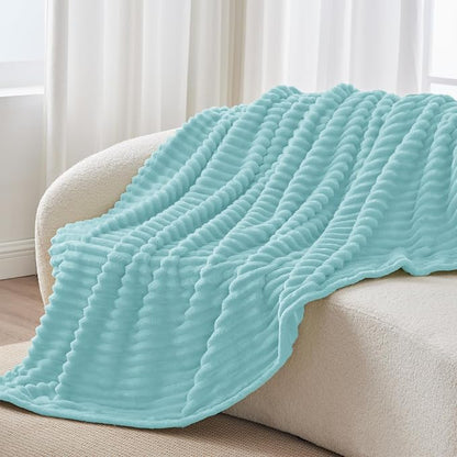 BEDELITE Fleece Throw Blanket for Couch - 300GSM Soft & Warm Fluffy Cloud Blue Blanket, Decorative and Giftable Striped Blankets for Women, Men, 50"x60"
