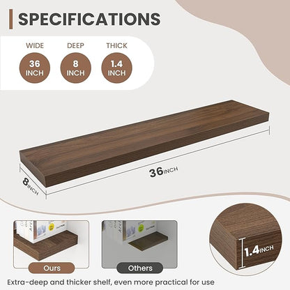 Acovy 36 Inch Floating Shelves, 8 Inch Deep Floating Shelves for Wall, Hanging Shelf with Invisible Brackets, Deep Shelves for Bathroom, Bedroom, Living Room, Walnut, Set of 2