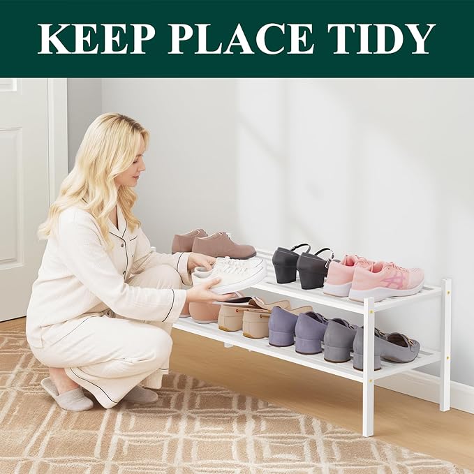 Smiry Long Bamboo Shoe Rack 2-Tier, Stackable Wooden Shoe Organizer for Entryway & Closet, Free Standing Wood Shoe Storage Shelf for Front Door & Small Spaces, White