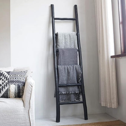 FUIN Fully Assembled 6ft Wood Blanket Ladder Living Room Decorative Wall Leaning Farmhouse Quilt Display Holder Rustic Wooden Towel Rack for Bathroom, Black