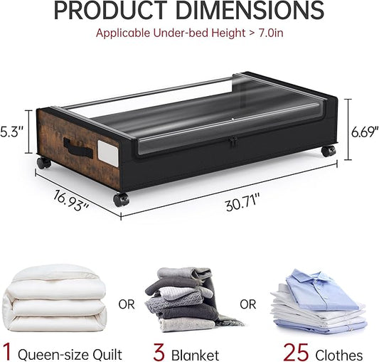 Yecaye Under Bed Storage with Wheels, 4 Pack Under Bed Storage Containers, Underbed Shoe Storage Organizer, Rolling Under Bed Metal Drawers for Clothes, Blankets, Brown