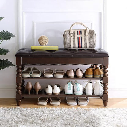 Shoe Storage Bench with Cushion, Entry Bench with Storage Solid Wood Shoe Bench Ideal for Entryway Living Room and Corridor (Walnut 31.5'')