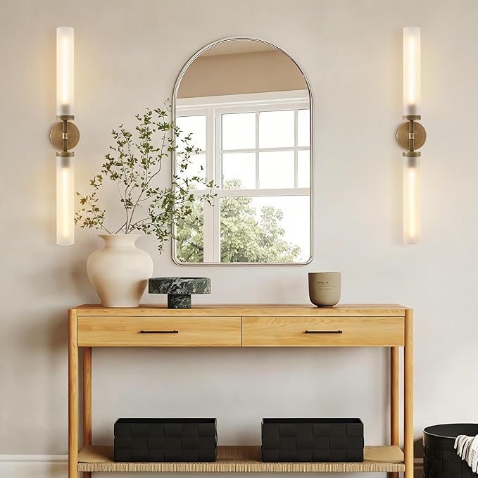 30" 2 Lights Hardwired Frosted Glass Bathroom Wall Sconces, Handmade Knurled Brass Wall Light Fixture,Modern Vanity Light for Living Room,Hallway, Bedroom, Indoor Wall Lamp, Bulb Included