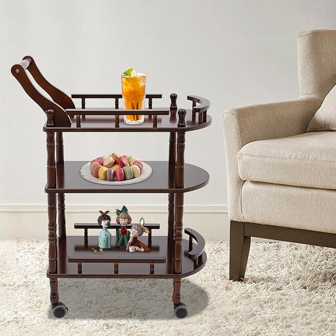 3 Tier Rolling Bar Cart, Home Bar Serving Cart, Brown Wood Mobile Bar Cart Serving Cart with Practical Handle, Multifunctional Utility Cart, for Hotels, Living Rooms, Offices, Kitchens