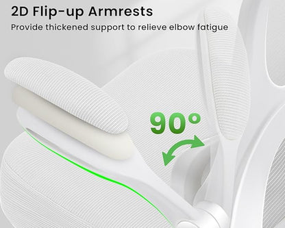 Ergonomic Office Chair, Comfy Desk Chair with Adjustable Lumbar Support, Mesh Computer Chair with Wheels, Flip-up Armrests, Swivel Rolling Executive Chair for Home Office, Gaming, White