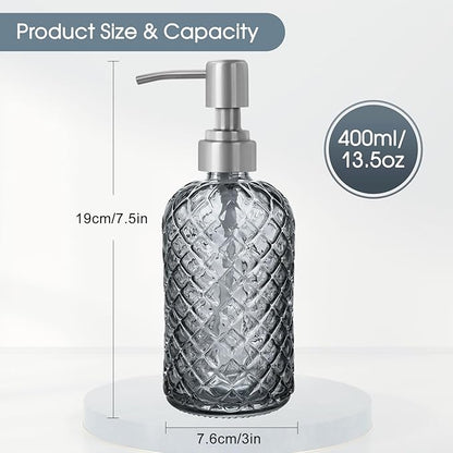 Gem-Patterned Glass Soap Dispenser with Rust Proof Stainless Steel Pump-13 oz Liquid Hand Soap Dispenser for Kitchen & Bathroom,Great for Lotions, Essential Oil, Liquid Soaps-Gray