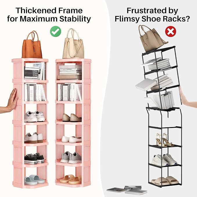 Kitstorack 8-Tier Vertical Plastic Shoe Rack, Freestanding Stackable Shoe Storage Organizer Cubes Shoe Shelf Tower or Small Closets and Tight Spaces, Pink