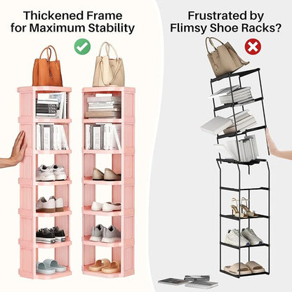 Kitstorack 5-Tier Vertical Plastic Shoe Rack, Freestanding Stackable Shoe Storage Organizer Cubes Shoe Shelf Tower or Small Closets and Tight Spaces, Pink